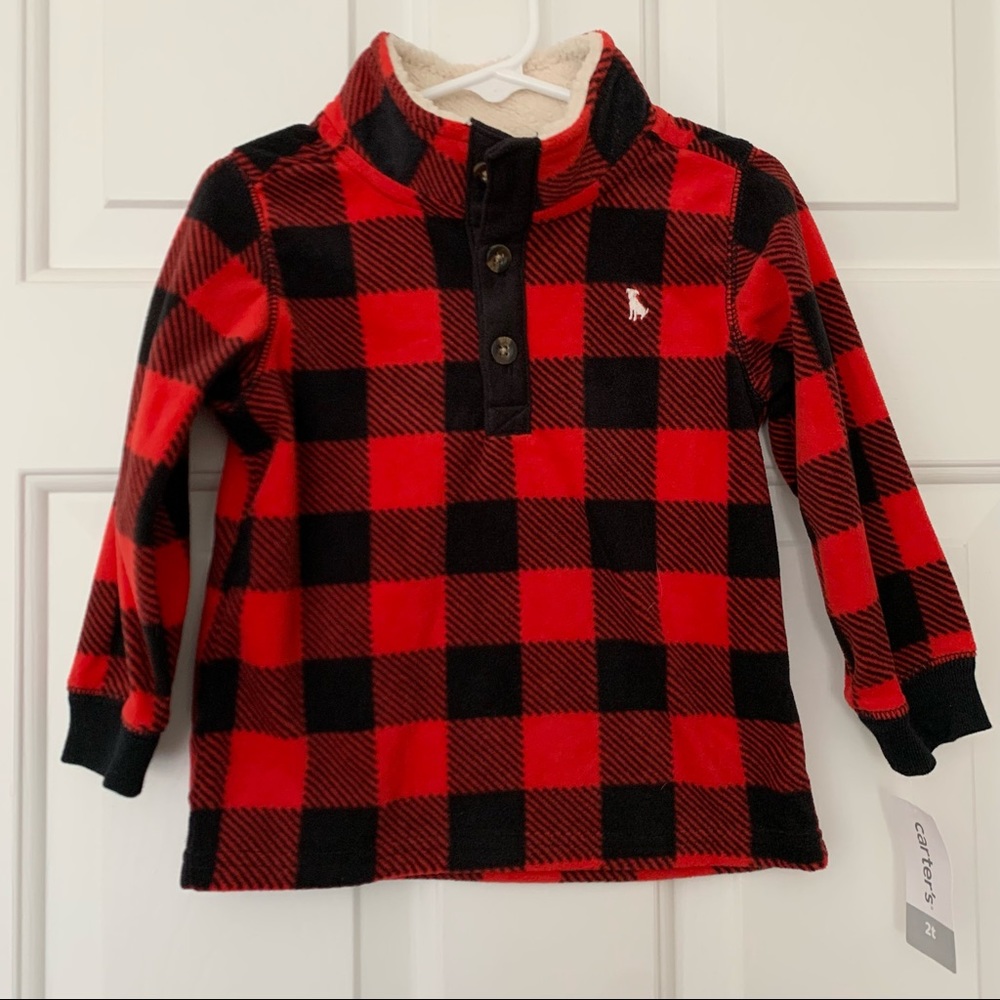 NWT Carter's Buffalo Check Plaid Red Black Fleece Sweatshirt Pullover Jacket 2T